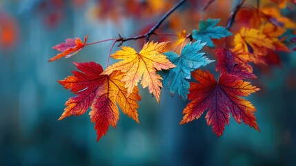 Brightly colored maple leaves in shades of red, orange, and yellow adorn a branch in a peaceful forest during the autumn season. Nature showcases its beauty with vibrant hues.