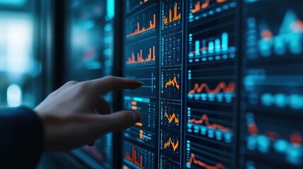 AI system predicting financial trends on a large display, graphs fluctuating in real-time, fingers swiping to adjust timeline