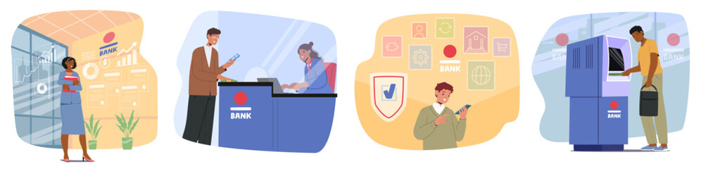 Diverse people using different banking services, electronic wallet in mobile and bank consultation