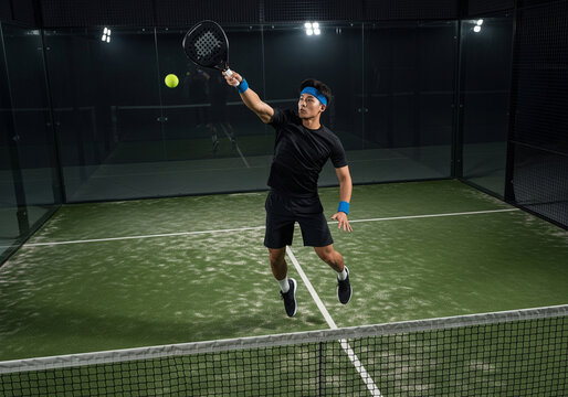 Dynamic Padel Play: Player in Mid-Air Strike on Indoor Court