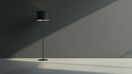 Minimalist black floor lamp against gray wall with light and shadow play. Modern interior design, simplicity, and elegance. Studio shot.