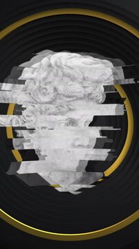 Animation of distorting male classical sculpture bust distorting over gold rings on black background