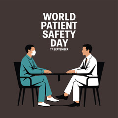 World Patient Safety Day Vector Illustration Doctor and Patient Meeting at Table, Discussing Healthcare, Wearing Masks