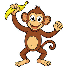 A cartoon monkey holds a banana isolated on white background