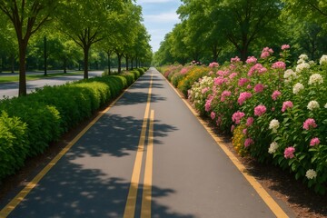 Obraz premium Paved bike path stretching through a vibrant green park, adorned with colorful flowers and shaded by trees, offering a serene setting for cycling and recreation