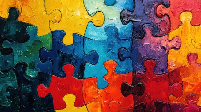 Oil painting of colorful jigsaw puzzle pieces coming together to connect and form a complete picture, creating unity