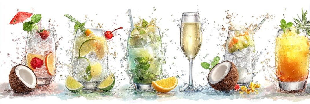 Colorful cocktails splash on white. Summer drinks marketing, beverage design, web banner, tropical theme. - Powered by Adobe