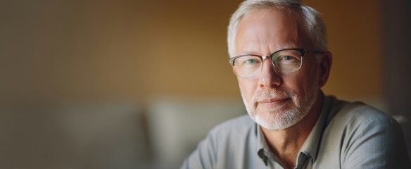 The thoughtful elderly man with glasses in a relaxed indoor setting