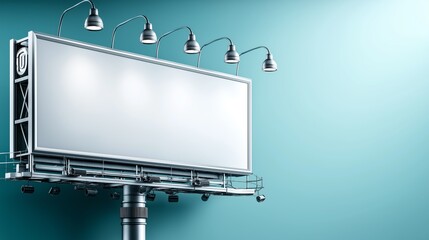 Large elevated billboard structure with blank white display panel and lighting setup against blue sky for advertising mockup, Generative AI