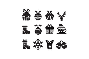 Festive Christmas Icons Set for Graphic Design.A collection of black and white Christmas icons, perfect for use in websites, apps, or print materials.