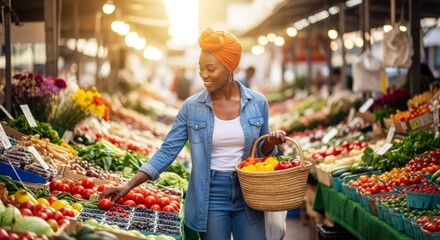 Obraz premium Beautiful black woman shopping at an open air Farmers Market, Fresh Food, Fresh Fruit and Vegetables, Hand made crafts