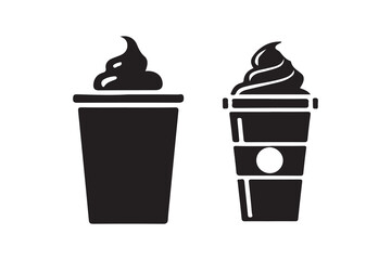 Two Stylized Takeaway Coffee Drinks with Whipped Cream.Simple black and white silhouette illustration of two takeaway coffee cups, one with a plain top and the other with a coffee shop logo.