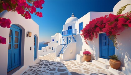 white cycladic buildings feature blue accents and crimson bougainvillea in traditional style