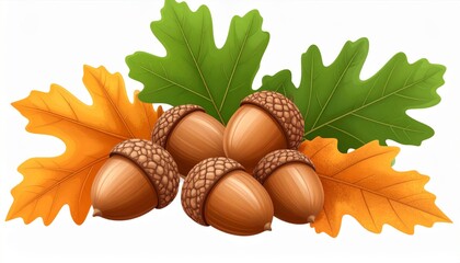 Brown Acorns and Colorful Autumn Leaves