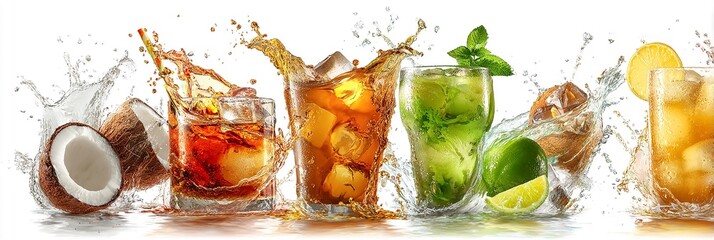 Cocktails splash. Alcohol drinks for ads, design, menu.