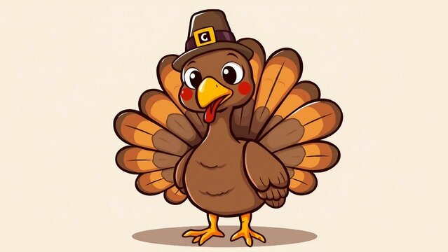 S&uuml;&szlig;e Cartoon-Illustration eines lachenden Truthahns mit Pilgerhut auf hellem Hintergrund. Perfekt f&uuml;r Thanksgiving Designs.