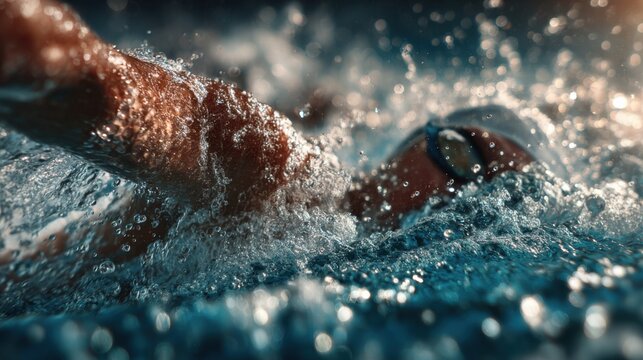 A swimmer trains intensely in a pool, demonstrating powerful strokes and strong technique. The early morning light reflects off the water, capturing the energy of the activity.