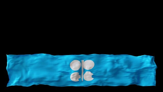 Stylized flag of OPEC waving in the wind, on transparent background, with alpha channel. Footer, 3D animation. Cut out wide, panoramic element. Organization of the Petroleum Exporting Countries.