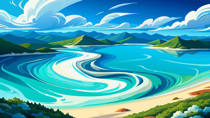 In Whitsunday Islands, the pure silica sands swirl with turquoise waters, creating a heavenly palette beneath a silky sky, a paradise of texture and light from a bird’s-eye view.