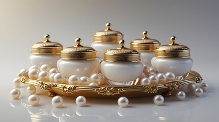 Cosmetic Jars in Golden Tray with Pearls