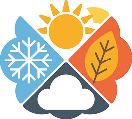 Illustration depicting the four seasons with sun snowflake leaf and cloud icons