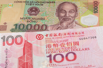 10000 Vietnamese dong and 100 Hong Kong dollar banknotes. International trade concept