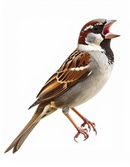 Obraz premium Brown and Gray Sparrow Singing on White Background