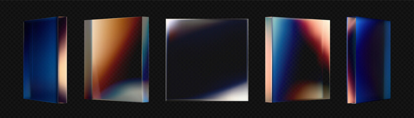 Set of 3d clear refraction square glass panels with gradient color transparent of dark blue isolated on dark background. The reflection glass surface box with dispersion light. Vector 3d illustration