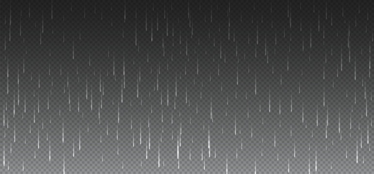 Rainfall texture effect. Vector illustration vertical white rain streaks isolated on gradient gray transparent background ideal for storm rain, rainy snow or hail weather design and rain png overlays