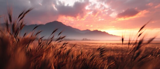 Golden sunset over a wheat field with mountains in the distance and a peaceful atmosphere