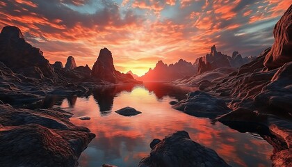 
3D render of a fantasy landscape panorama featuring rugged rocks and tranquil water, Abstract background with red sunset illumination. Spiritual zen wallpaper with skyline

https://s.mj.run/PEMQ3jIV3