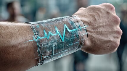 Futuristic wearable diabetic monitor displays real-time glucose readings in urban environment