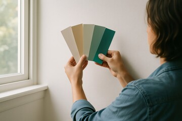 Person holding paint swatches against a wall near a window, exploring color options for home interior design and renovation projects