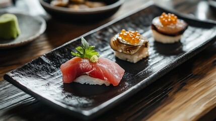Sushi platter showcasing fresh ingredients and artistic presentation in a modern dining setting