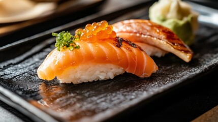 Delicious sushi featuring salmon, wasabi, and garnishes served on a black plate in a modern restaurant setting