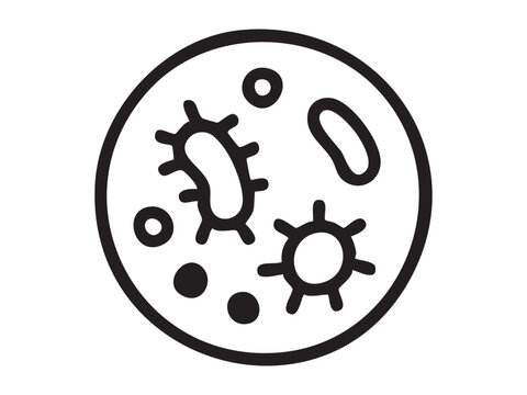 Black outline of bacteria and germs isolated in a circular petri dish on white background, graphic illustration. concept of microbiology, germs, pathogens, science icon, logo, design element