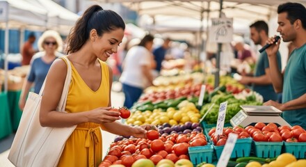 Beautiful Hispanic woman shopping at an open air Farmers Market, Fresh Food, Fresh Fruit and Vegetables, Hand made crafts