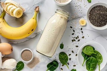 Fresh weight-loss shake with banana, spinach, and chia seeds on a marble countertop in sunlight