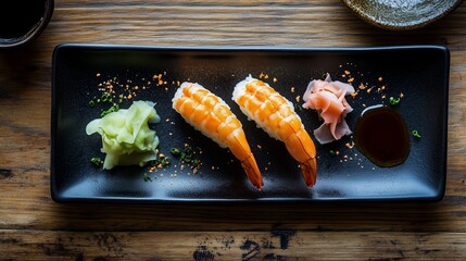 Sushi served on a black plate with shrimp nigiri, pickled ginger, and wasabi on a wooden table