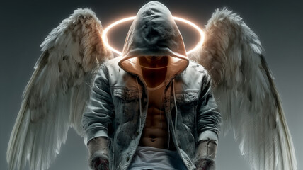 Divine Sentinel Resting with Wings and Radiant Ring – Generative AI
