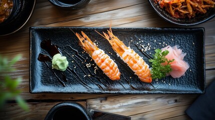 Sushi platter featuring shrimp nigiri served with wasabi and pickled ginger on a wooden table