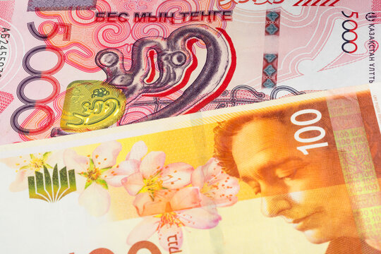 5000 Kazakhstani tenge and 100 Israeli shekel banknotes. International trade concept