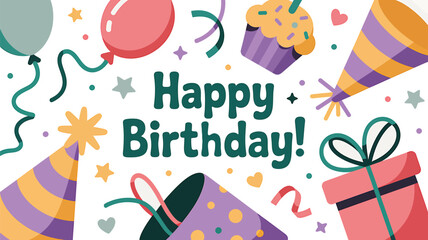 Naklejka premium A happy birthday card with balloons gift cupcake and party hats illustration