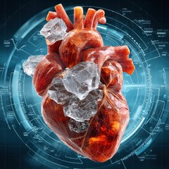 Surreal heart formed from sugar crystals dissolving among medical charts and light trails
