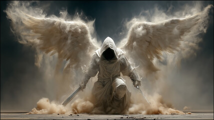 Celestial Avenger with Dual Blades and Storm Wings – Generative AI