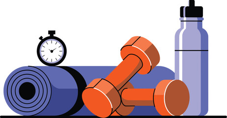 A fitness setup with dumbbells, yoga mat, stopwatch, and a water bottle ready