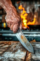 Close-up of a trembling hand gripping a kitchen knife amidst a moody ambient glow