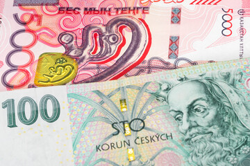 5000 Kazakhstani tenge and 100 Czech koruna banknotes. International trade concept
