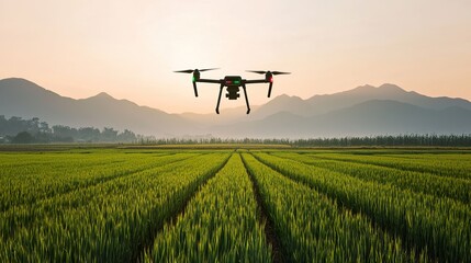 An AI drone swarm flying over agricultural land scanning crops, aerial view with vivid field colors, real-time heat map data overlaid digitally