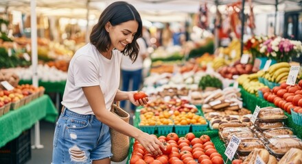 Obraz premium Beautiful Hispanic woman shopping at an open air Farmers Market, Fresh Food, Fresh Fruit and Vegetables, Hand made crafts